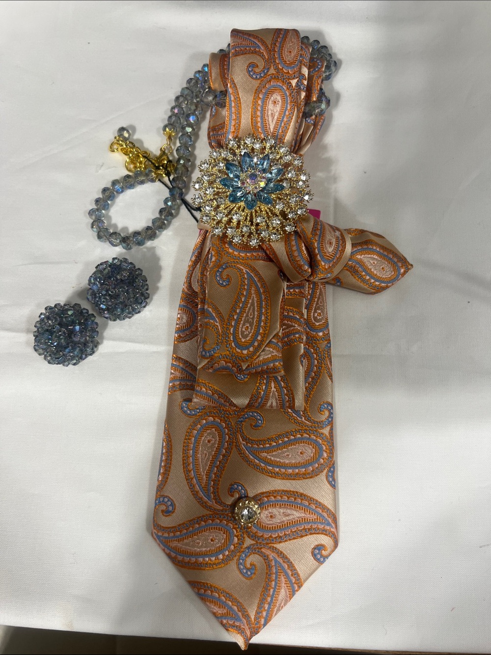 Paisley Orange Silk Tie with Crystal Brooch